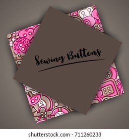 Sewing buttons handmade craft concept in 3d cartoon doodles background design. Hand drawn colorful vector illustration.