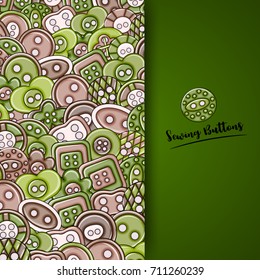 Sewing buttons handmade craft concept in 3d cartoon doodles background design. Hand drawn colorful vector illustration.