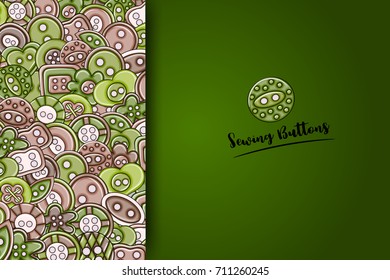 Sewing buttons handmade craft concept in 3d cartoon doodles background design. Hand drawn colorful vector illustration.