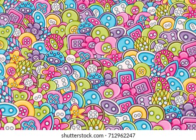 Sewing buttons handmade craft concept in 3d cartoon doodles background design. Hand drawn colorful vector illustration.