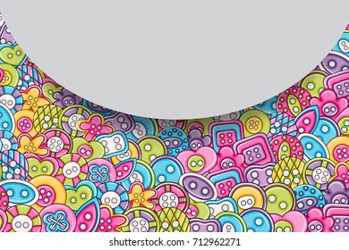 Sewing buttons handmade craft concept in 3d cartoon doodles background design. Hand drawn colorful vector illustration.