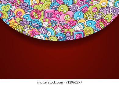 Sewing buttons handmade craft concept in 3d cartoon doodles background design. Hand drawn colorful vector illustration.