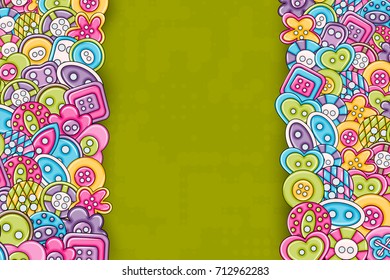 Sewing buttons handmade craft concept in 3d cartoon doodles background design. Hand drawn colorful vector illustration.