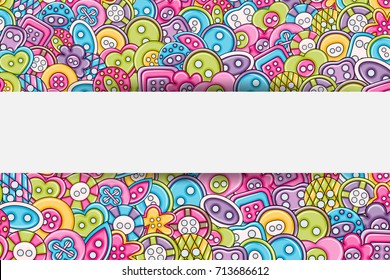 Sewing buttons handmade craft concept in 3d cartoon doodle background design. Hand drawn colorful vector illustration.