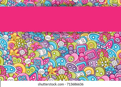 Sewing buttons handmade craft concept in 3d cartoon doodle background design. Hand drawn colorful vector illustration.