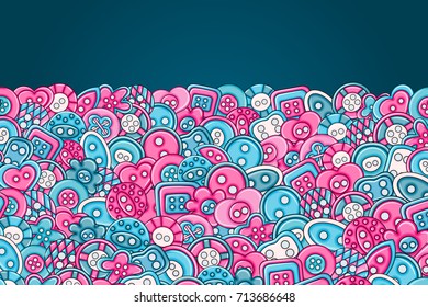 Sewing buttons handmade craft concept in 3d cartoon doodle background design. Hand drawn colorful vector illustration.