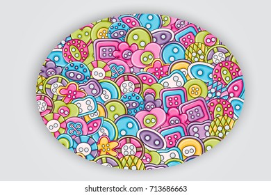 Sewing buttons handmade craft concept in 3d cartoon doodle background design. Hand drawn colorful vector illustration.