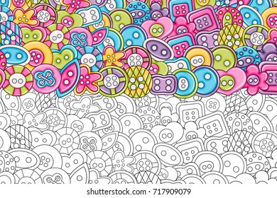 Sewing buttons handmade craft concept cartoon doodle background design. Hand drawn black and white outline coloring page vector illustration.
