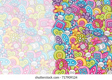 Sewing buttons handmade craft concept cartoon doodle background design. Hand drawn black and white outline coloring page vector illustration.