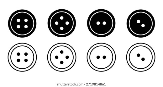 Nähknöpfe Icon Set, schwarz-weiße Vektorgrafik-Kollektion von 2- und 4-Loch-Rundapparel-Verbindungselementen, minimalistischer Schneiderei Silhouette und Outline-Bekleidungszubehör für Modedesign