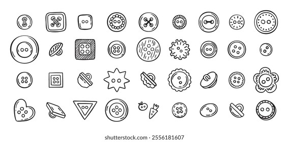 Sewing buttons line hand drawn doodle art icons set. Sewing accessories clothes various outline shapes. . Vector illustration