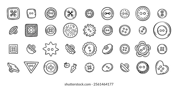 Sewing buttons line hand drawn doodle art icons set. Sewing accessories clothes various outline shapes. . Vector illustration