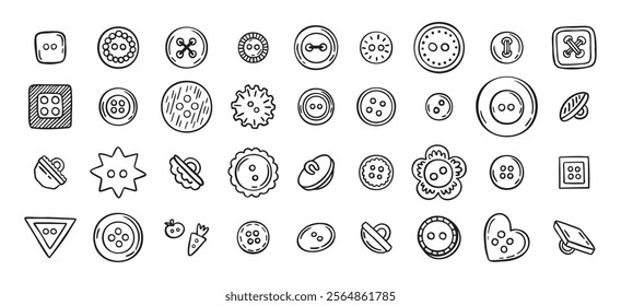 Sewing buttons line hand drawn doodle art icons set. Sewing accessories clothes various outline shapes. . Vector illustration