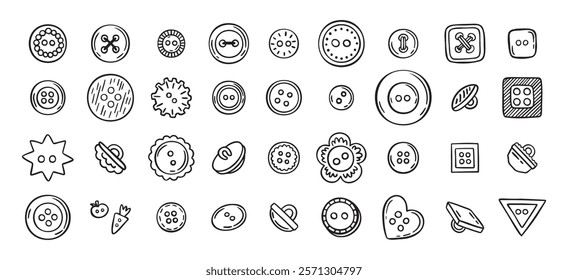 Sewing buttons line hand drawn doodle art icons set. Sewing accessories clothes various outline shapes. . Vector illustration