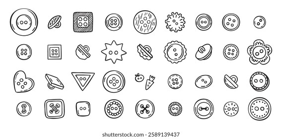 Sewing buttons line hand drawn doodle art icons set. Sewing accessories clothes various outline shapes. . Vector illustration