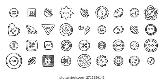 Sewing buttons line hand drawn doodle art icons set. Sewing accessories clothes various outline shapes. . Vector illustration