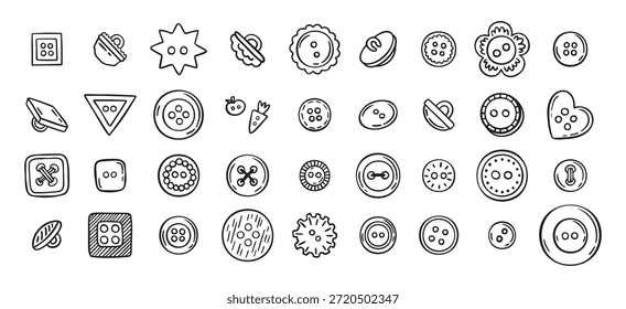 Nähknöpfe Linie handgezeichnete Doodle Art Icons gesetzt. Nähzubehör Kleidung verschiedene Umrissformen. . Vektorgrafik
