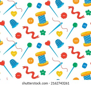 Sewing buttons needles and threads seamless vector pattern