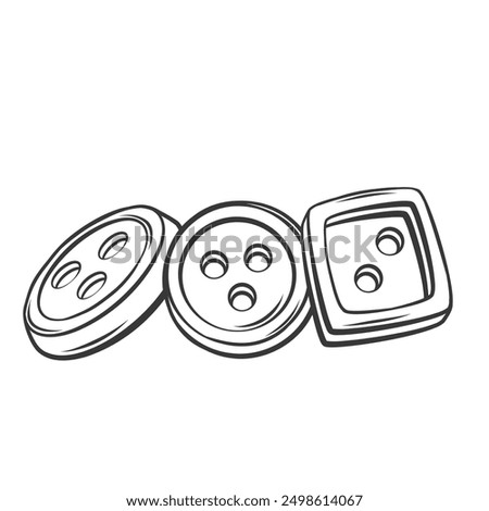Sewing buttons pile line icon. Hand drawn retro various round and square buttons with holes for shirts and dress. Tailoring accessory, garment mascot, doodle classic fastener icon vector illustration