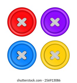 sewing buttons set vector red, purple, blue, and yellow with white sewing thread