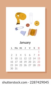 Sewing calendar 2023 concept. January with measuring tape, pin, thread and button. Aesthetics and elegance. Seamstress, tailor and atelier. Cartoon flat vector illustration