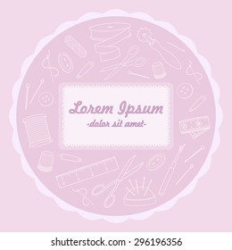 Sewing card with sewing tools in lavender palette. Vector background with dressmaking accessories and lace.