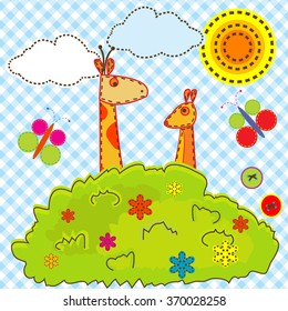 Sewing cartoon background for kids with giraffe and kangaroo
