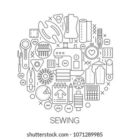 Sewing in circle - concept line illustration for cover, emblem, badge. Sewing thin line stroke icons set.