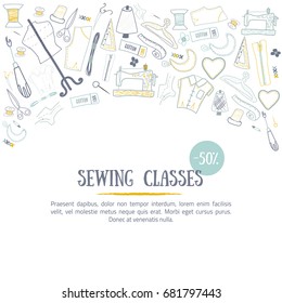 Sewing classes banner design with needle and craft tools. Hobby elements for creative industry design