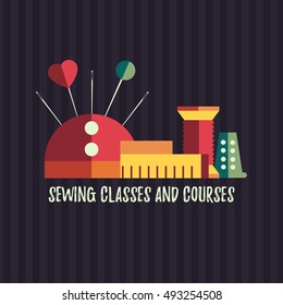 Sewing classes and courses vector illustration with sewing symbols flat