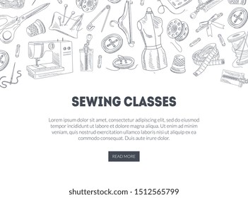 Sewing Classes Landing Page with Hand Drawn Sewing Supplies, Needlework, Tailoring Education, Website, Mobile App Template Vector Illustration