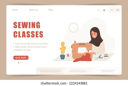 Sewing classes landing page or web banner template. Islamic woman seamstress at sewing machine sews clothes. Fashion designer or dressmaker. Vector illustration in flat cartoon style.