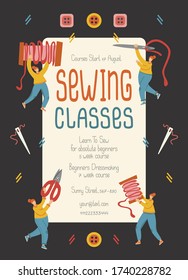 Sewing classes promo poster template with flat tiny people. Girls with tailor tools button, thread, scissors, around handrawn lettering about creative tutorial. For sew school, shop, online courses