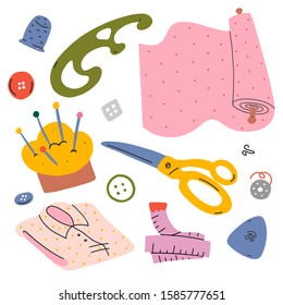 Sewing clip arts, collection of isolated vector illustrations. Needle pad, fabric, scissors, bobbin, thimble and centimeter. Tools for tailoring, needlework and dressmaking. Modern hand drawn style.