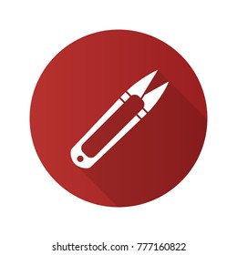 Sewing clippers flat design long shadow glyph icon. Thread cutter. Vector silhouette illustration