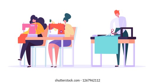 Sewing Clothes Character Flat Vector Drawing. Seamstress Woman Working with Thread Machine and Ironing Cloth. Handmade Fashion Manufacturing Worker Set Cartoon Illustration