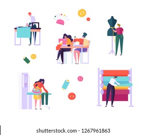 Sewing Clothes Character People Set. Woman Work at Dressmaker Knitting Machine, Ironing Fabric in Creative Atelier. Tailor Textile Craft Business Isolated Collection Flat Vector Cartoon Illustration