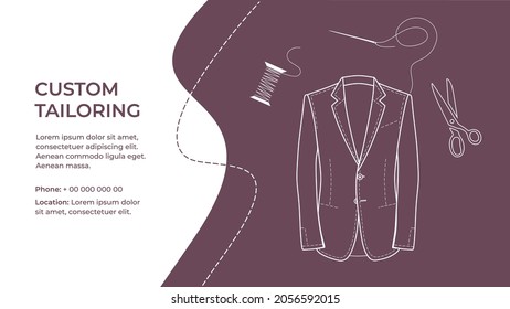 Sewing clothes, clothing, atelier. Custom tailoring. Tailor sews suit, tuxedo, blazer in sewing workshop. Bespoke, made to measure, tailoring-designed outfit. Color flat vector illustration. Isolated 