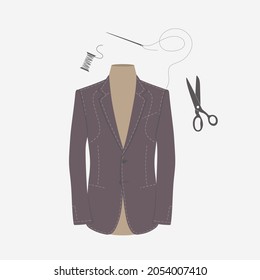 Sewing clothes, clothing, atelier. Tailor sews suit, tuxedo, blazer in sewing workshop. Work progress suit. Bespoke, made to measure, tailoring-designed outfit. Color flat vector illustration.Isolated