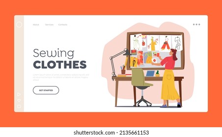 Sewing Clothes Landing Page Template. Apparel Designer Female Character Choose Color Palette for New Collection of Garment, Woman Tailor Working Process. Cartoon People Vector Illustration