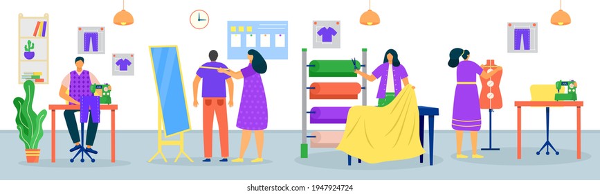Sewing clothes in tailor shop concept, vector illustration. Man woman dressmaker character work in fashion design business.