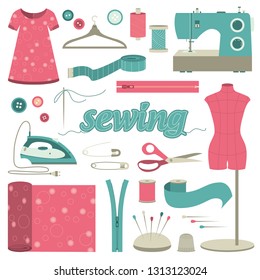Sewing clothes. Tools for sewing clothes on white background. Color vector illustration.