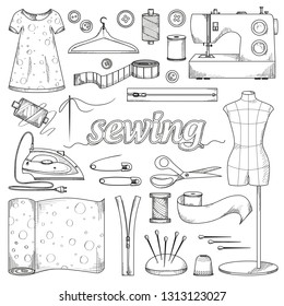 Sewing clothes. Tools for tailoring. Black hand drawing on white background. Vector illustration.