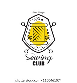 Sewing club logo design, emblem with heraldic shield can be used for sewing shop, knit club, atelier, sewing workshop vector Illustration on a white background