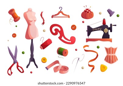 Sewing Collection. Set Tailor Tools -  Sewing Machine, Dummy, Ribbons, Women's Corset, Hanger Clothes, French Curve, Thimble, Thread. Vector Illustration in Cartoon Style.