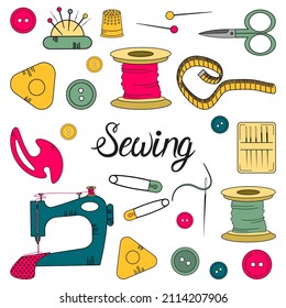  Sewing collection. sewing tools and accessories. Modern flat style, isolated drawings, sewing machine, threads, needles, buttons, scissors, measuring tape, safety pins, scissors and pincushion. Vecto
