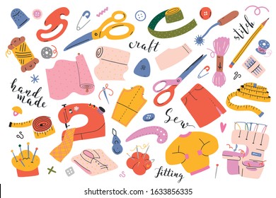 Sewing collection. Vector illustrations of sewing tools, equipment and accessories. Modern flat cartoon style, hand drawn isolated drawings, sewing machine, overlocker, scissors and measuring tape