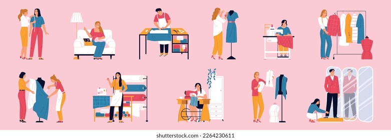 Sewing color set with isolated compositions of tailor characters at work with mirrors and body mannequins vector illustration