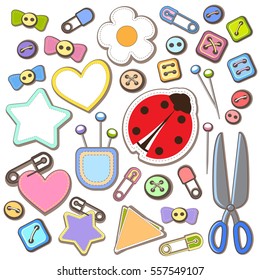 Sewing color stylish accessories. Button bow scissors badge safety pins daisy flower heart stripe patch star ladybird beetle sole. Isolated on white background. Sticker