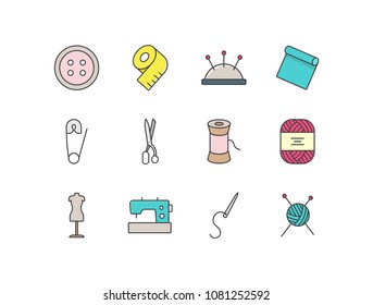 Sewing colored line icons set with button, measuring tape, pincushion, material, safety pin, scissors, cotton thread, yarn, mannequin, machine, needle.